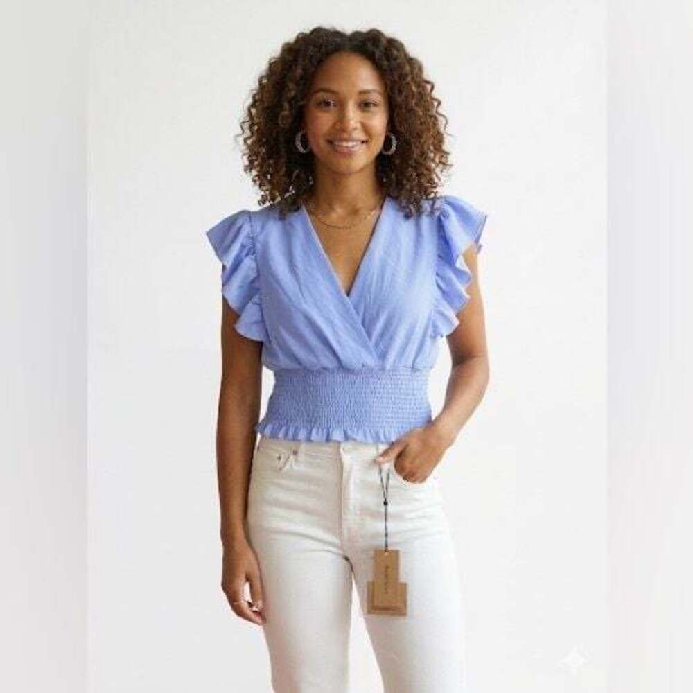 Blue Ruffle Sleeve Surplice Blouse OS Fits Small